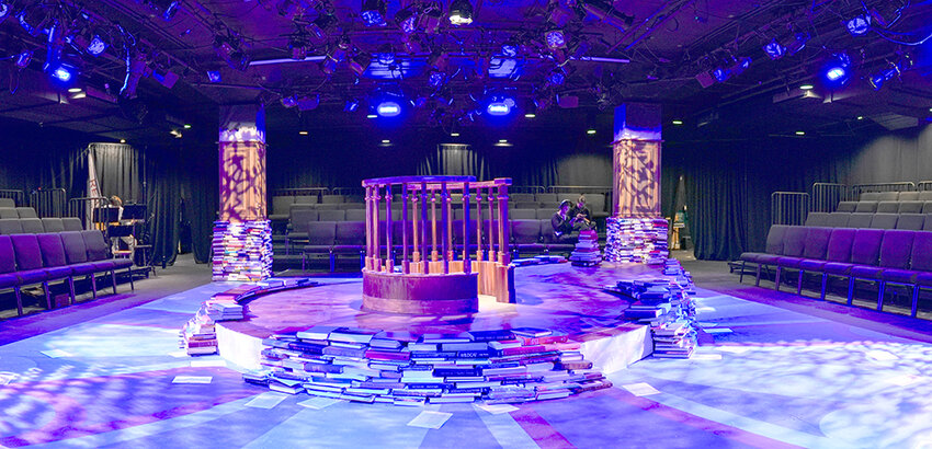 Photo by Raymond Black  The set designers for MSU&rsquo;s production of &ldquo;Inherit the Wind&rdquo; have transformed the humble Arena Theatre into a stage in the round, with a turntable at the center.