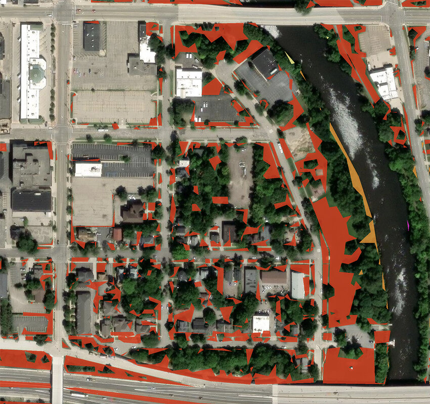 The city of Lansing has received a $5 million federal grant to plant trees in &ldquo;disadvantaged&rdquo; areas. One example is the Cherry Hill Neighborhood south of downtown abutting Interstate 496. This screenshot from a city mapping tool shows in red where the city wants to use some of the funds to improve Cherry Hill&rsquo;s canopy. Cherry Hill is bounded by Kalamazoo Street on the top, Grand Avenue on the left and Cherry Hill Park and the Grand River on the right.