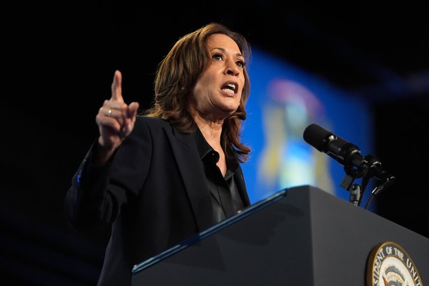 Vice President Kamala Harris in Flint in April. She will travel to Lansing Friday, her campaign announced today.