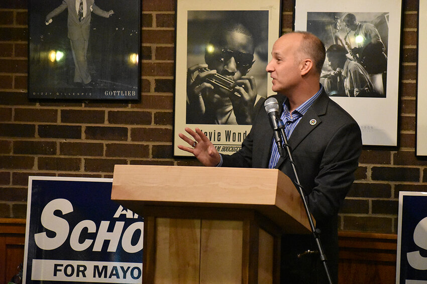 Lansing Mayor Andy Schor, who announced his candidacy for a third term Feb. 4, makes a point at the campaign kickoff at Gregory&rsquo;s Soul Food restaurant on the north side.