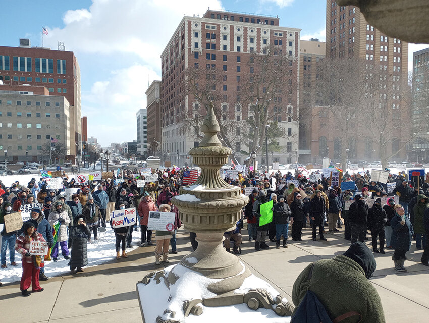Leo Kaplan/City Pulse  Demonstrators showed in the Capitol&rsquo;s front yard to protest Trump administration initiatives even though the original organizer canceled the President&rsquo;s Day event.