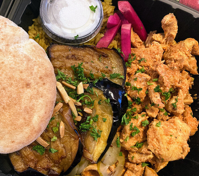 Lizy Ferguson for City Pulse  The maklouba plate at East Lansing&rsquo;s new Chtoura Mediterranean Grill is loaded with luscious fried eggplant; tender, shawarma-like chicken; and fragrant, savory rice.