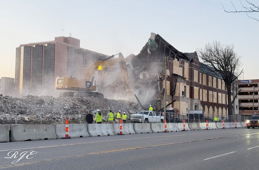 Old Eastern High School's cupola amid unsuccessful last-ditch efforts to save it yesterday.