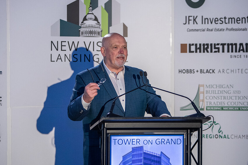 Paul Gentilozzi, of Gentilozzi Real Estate, at Monday&rsquo;s groundbreaking ceremony for Tower on Grand: &ldquo;For the next two years, we&rsquo;re going to build Lansing&rsquo;s tallest building.&rdquo;
