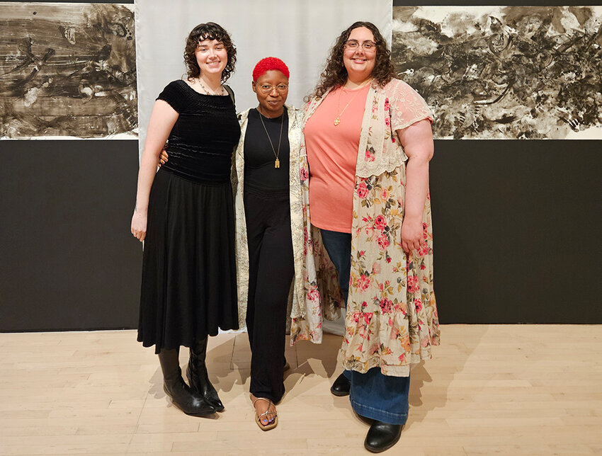 From left: Exhibiting artists Claire Heiney, Morgan Hill and Megan Weaver at the opening of the 2025 Master of Fine Arts Exhibition at the MSU Broad Art Museum.