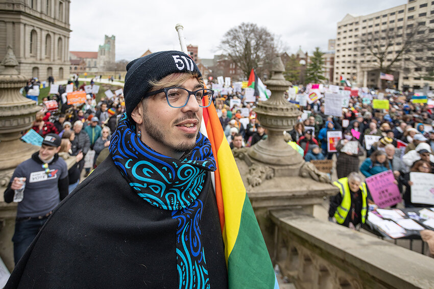 50501 Michigan organizer Colton Hughes on the state Capitol steps at the April 5 &ldquo;Hands Off!&rdquo; rally.