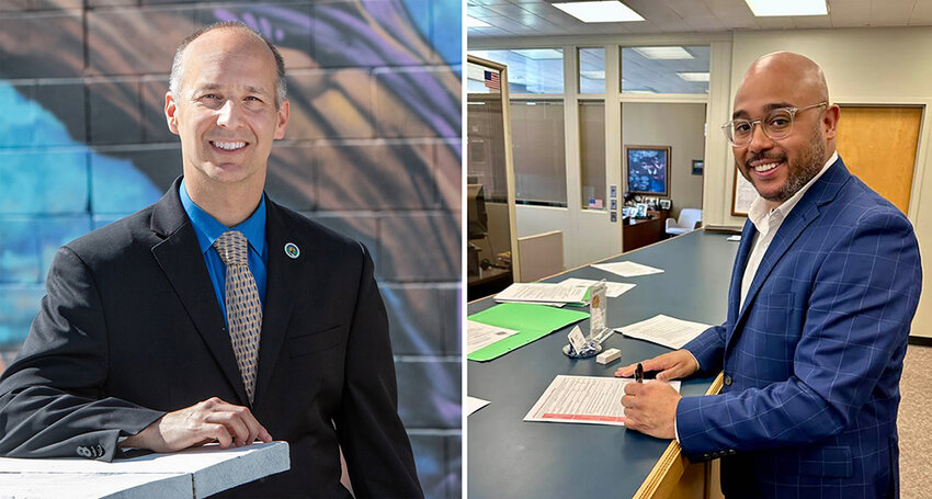 Lansing Mayor Andy Schor, left, faces four candidates in pursuit of his third term. One opponent is City Council Member Jeffrey Brown, seen here filing his paperwork in the City Clerk&rsquo;s Office Tuesday as the filing deadline approached for the Aug. 5 city primary election.