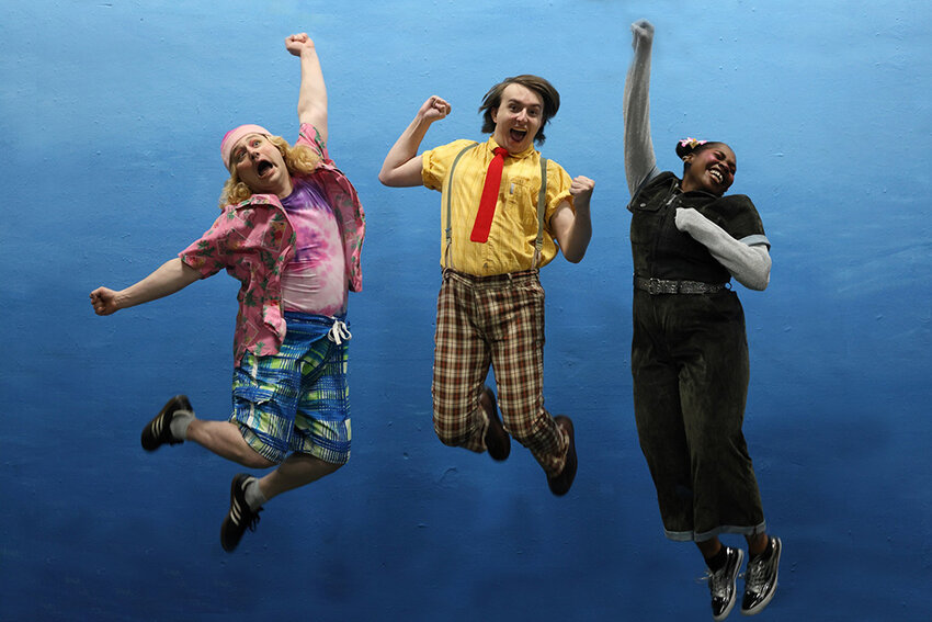 TJ Kelly as Patrick Star, Michael Palmer as SpongeBob SquarePants and Ny&rsquo;kieria Blocker as Sandy Cheeks in Riverwalk Theatre&rsquo;s production of &ldquo;The SpongeBob Musical,&rdquo; running May 29 to June 1 and June 5 through 8.