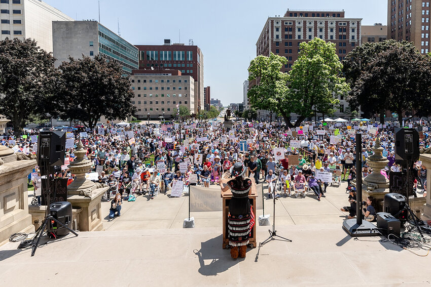 The Capitol lawn Saturday as Greater Lansing participated in the nationwide No Kings day of protest against President Donald J. Trump. Speaking was Nichole Keway Biber, an Indigenous activist representing Clean Water Action.