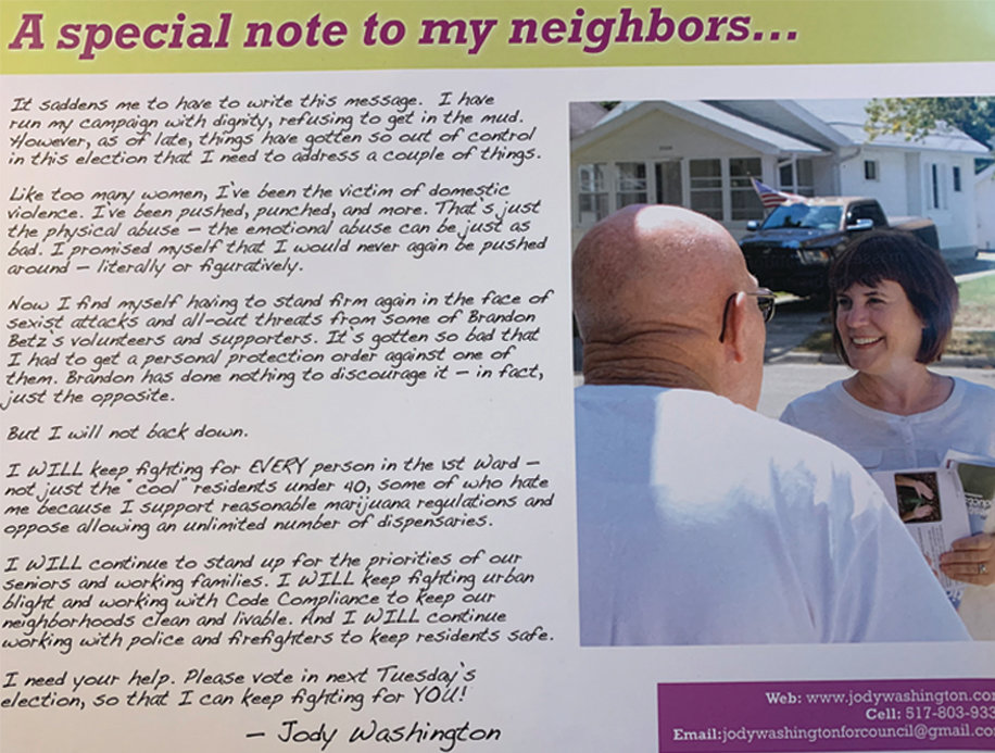 A mailer from Jody Washington's campaign that was sent to First Ward residents.
