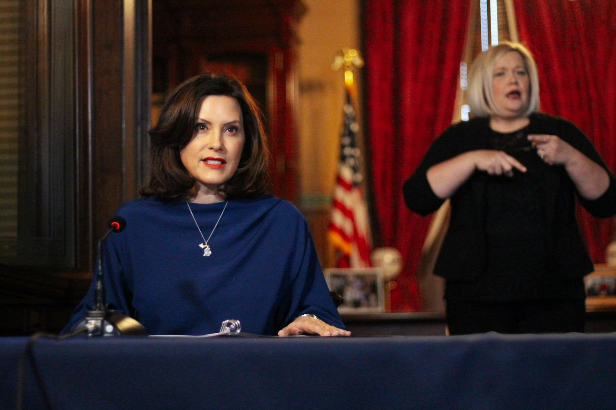 Gov. Gretchen Whitmer speaks from the State Capitol on Monday morning.