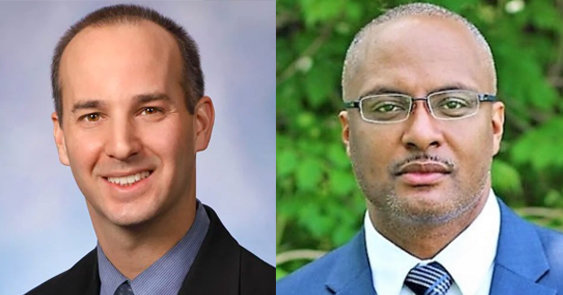 Lansing Mayor Andy Schor (left) acknowledged racial problems in the Fire Department in a recorded conversation between him and department executive David Odom, one of nine current and former Black city employees who have sued Schor and others for discrimination.