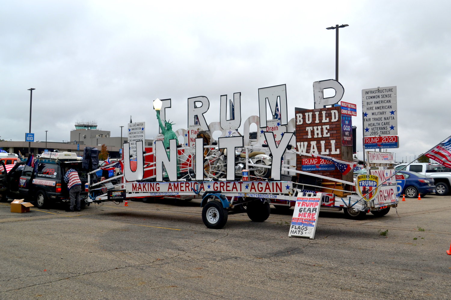 A float seen on Capitol Avenue during both Trump rallies and civil rights rallies was on site at the airport.