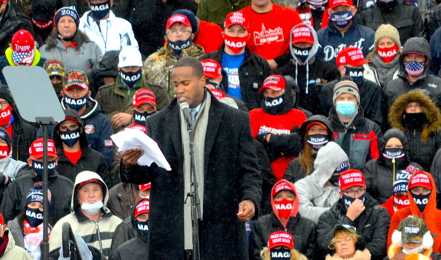 John James, the GOP candidate for the U.S. Senate from Michigan, reads remarks.