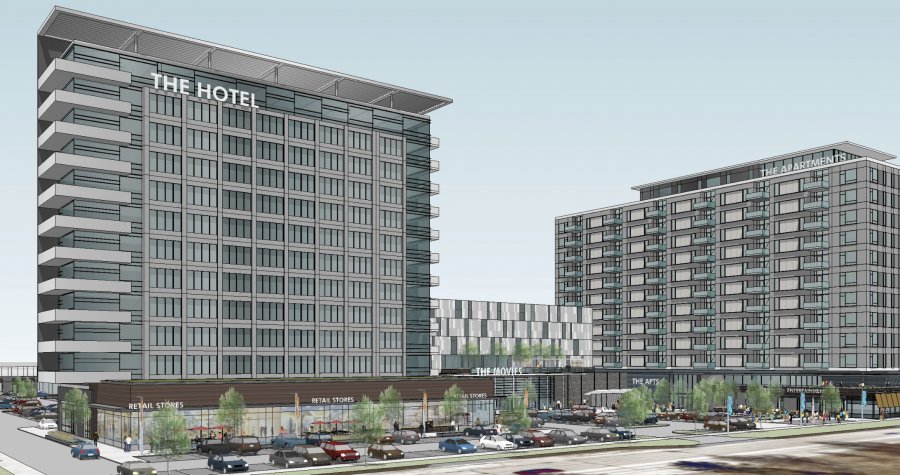 A Gillespie Group rendering shows a potential mixed-use concept at the former Sears building in Lansing.