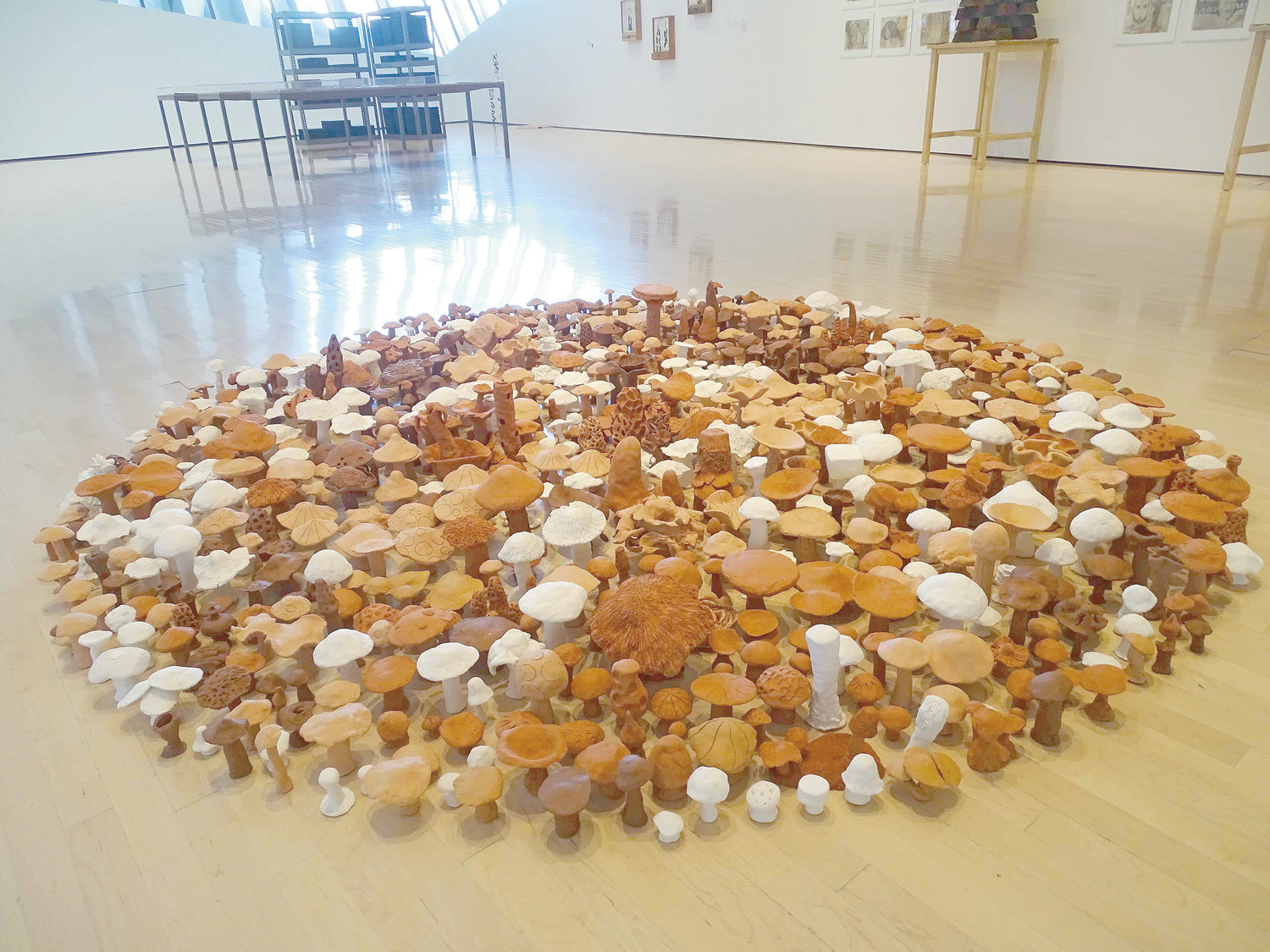 Students in Sao Paulo helped Spanish artist Antonio Ballester Moreno.create this charming circle of mushrooms that currently springs from the floor of the Broad Museum.