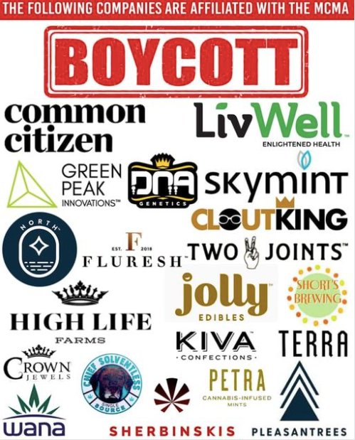 A graphic circulating on social media encourages customers to boycott several cannabis brands affiliated with the Michigan Cannabis Manufacturers Association. Its source is unknown.