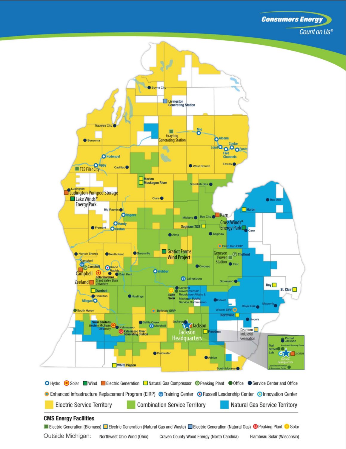 Consumers Energy service areas for natural gas, electricity or both.