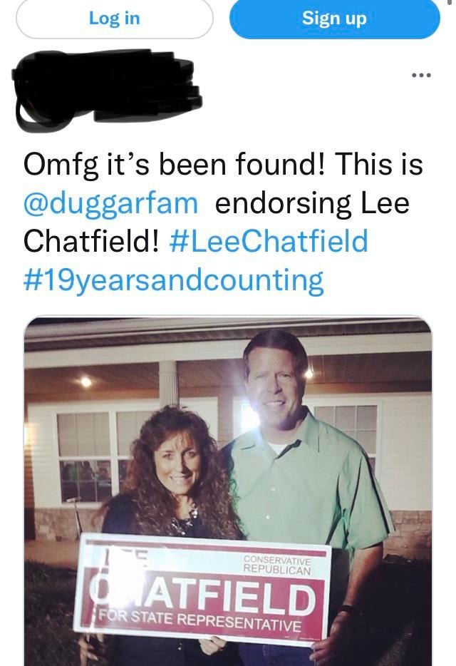 Jim Bob and Michelle Duggar proudly endorsed Lee Chatfield for State Representative in 2014. This image was widely distributed on Twitter following City Pulse’s report Chatfield was under criminal investigation for alleged sex abuse.