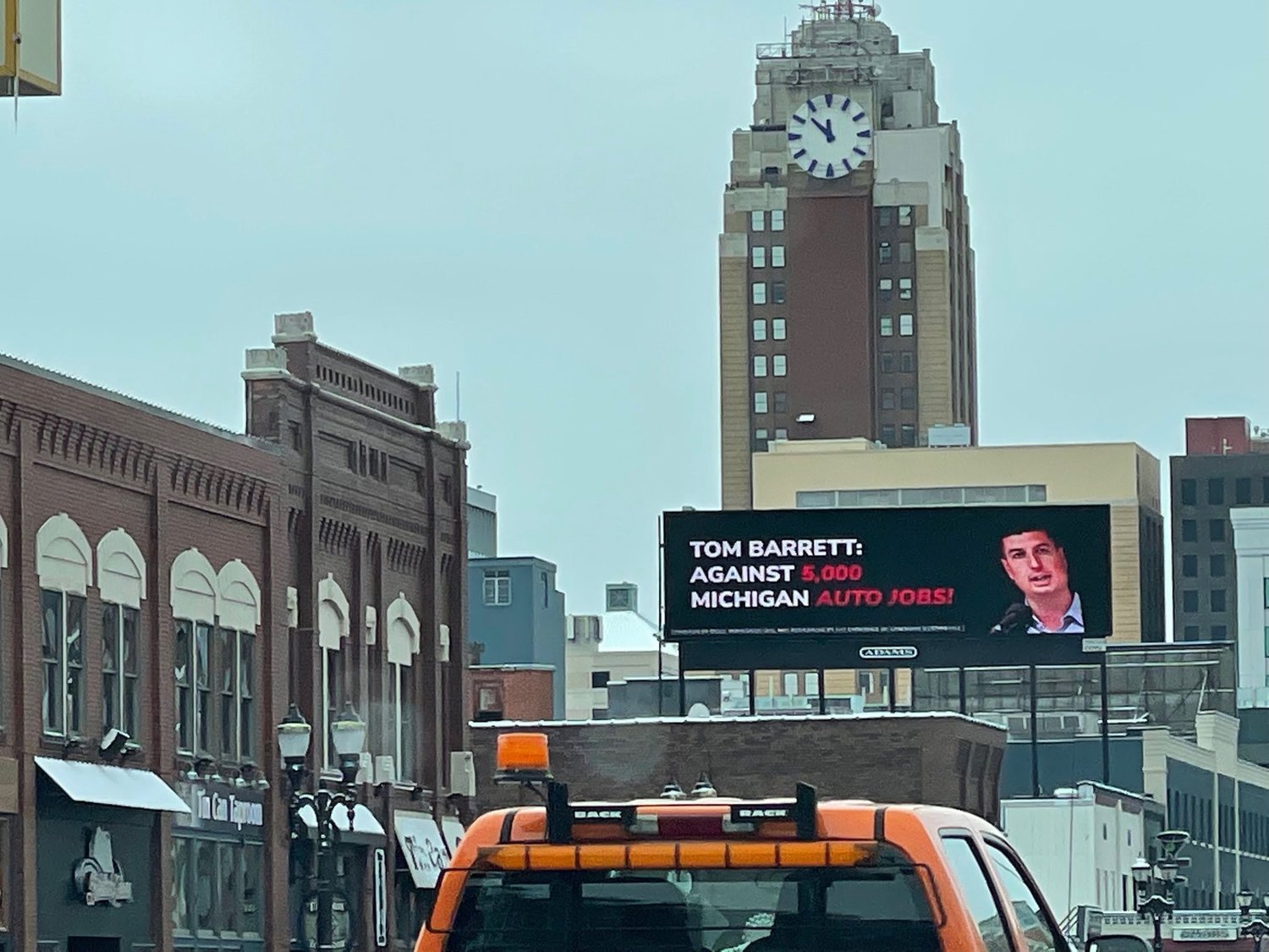 A downtown billboard that criticizes Republican congressional candidate and State Sen. Tom Barrett.