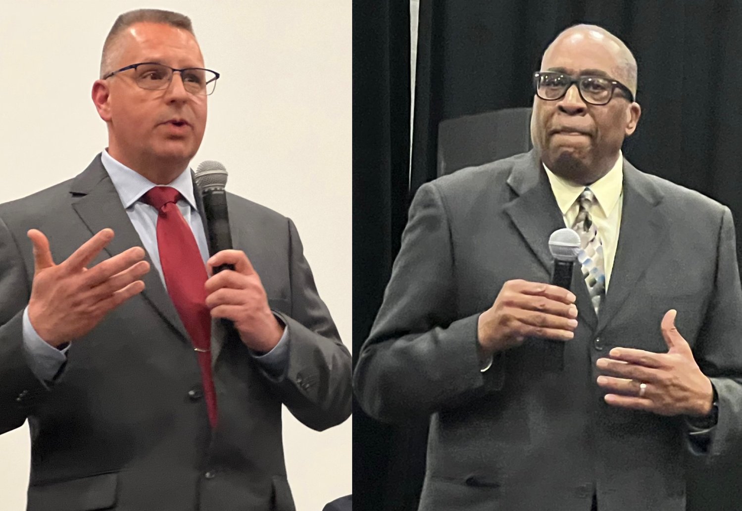Edwin Miller (left) and Brian Sturdivant spoke at a forum on Tuesday.