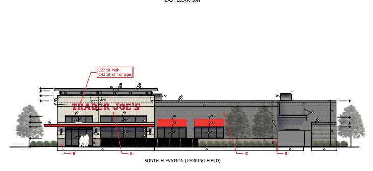 Renderings show a 122-square-foot "Trader Joe's" sign on a proposed grocery store in East Lansing.