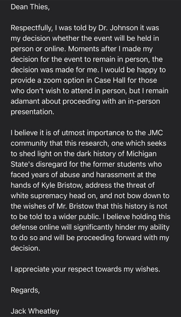 Screenshot of Wheatley's email appealing the unilateral decision by MSU officials to move his senior thesis presentation online.