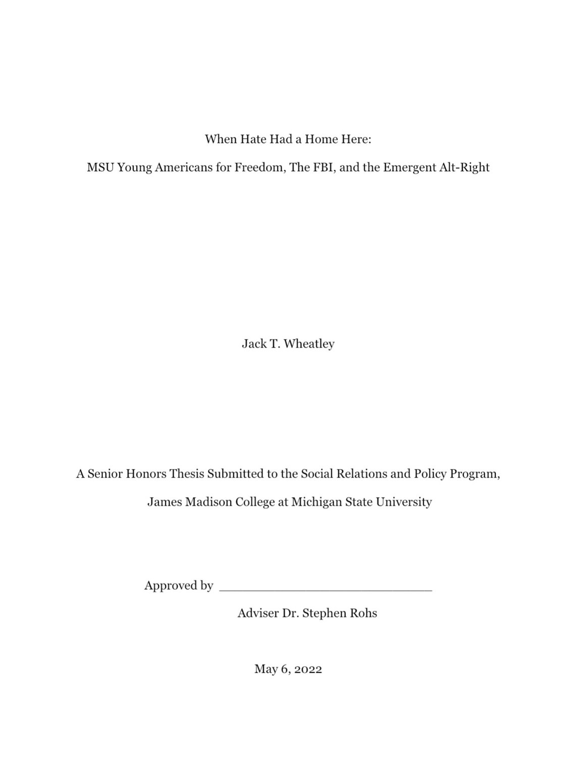The title page of  Wheatley's senior honors thesis. He was originally scheduled to present the thesis in person today, but MSU officials, citing safety and security concerns, changed the presentation to a Zoom presentation.