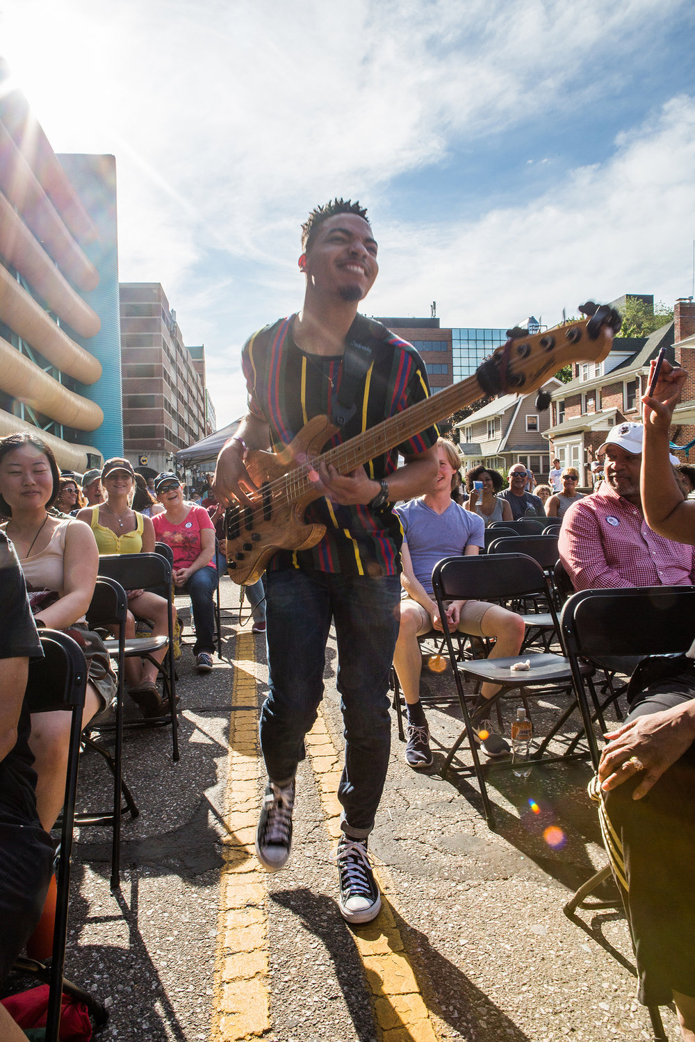 Brandon Rose performs among the crowd at the 2019 Summer Solstice Jazz Festival.