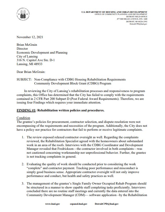 Page 1 of a letter sent by the U.S. Department of Housing and Urban Development sent to Lansing city officials late last year. The letter outlines four findings regarding policies and procedures that don't meet federal rules in oversight of Community Development and Block Grant dollars.