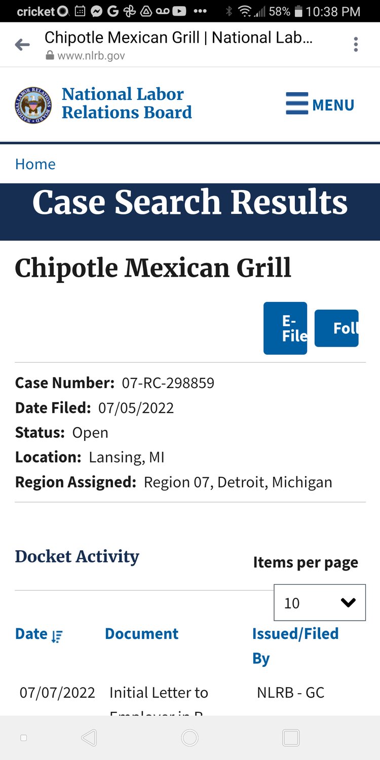 Screenshot of the filings to unionize at Chipotle in west Lansing filed July 5 with the National Labor Relations Board