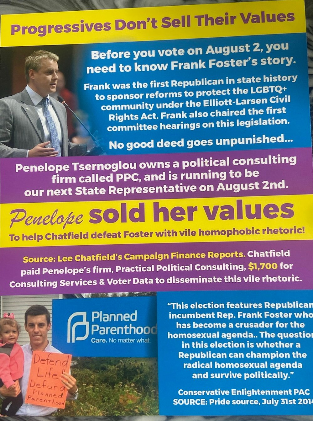 A political action committee supporting Democratic state House candidate Emily Stivers has attacked opponent Penelope Tsernoglou in this flier mailed to voters in the new 75th District.