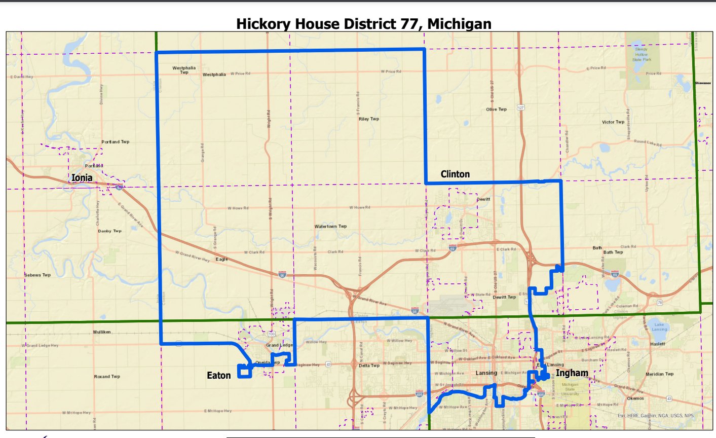 Michigan's 77th House District. The district is outlined in blue, while the green lines are county lines. In all, the district includes downtown Lansing north into Clinton County and a small area of Eaton County including Grand Ledge.