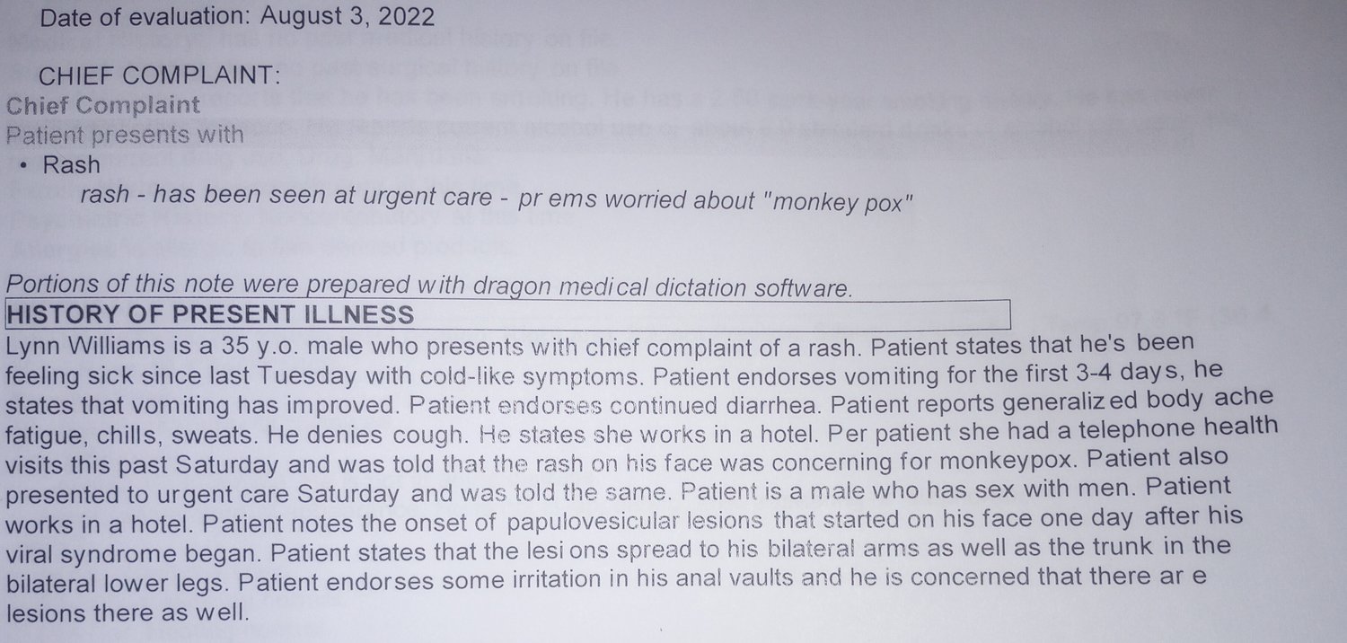 This excerpt from Lynn Williams’ medical records during her visit to Sparrow Hospital’s emergency room shows her identified alternately as “he” and “she” — including in one case in the same sentence.