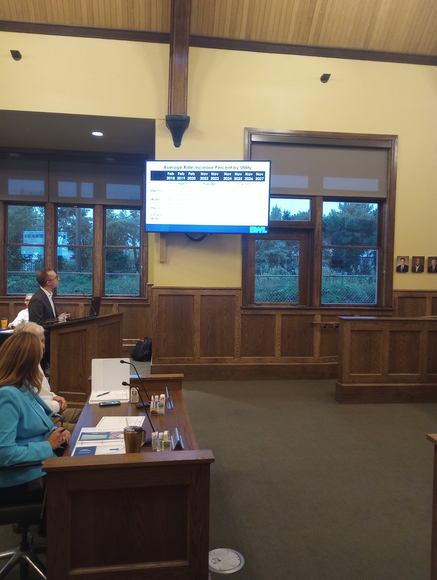 Board of Water and Light executives make their case for a rate increase before the Board of Commissioners and members of the public during a public hearing on Tuesday night.