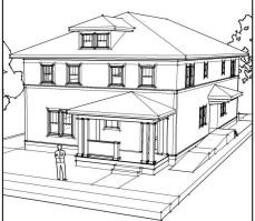 A rendering of the Grove Fourplex, a pattern for an affordable four-family home.