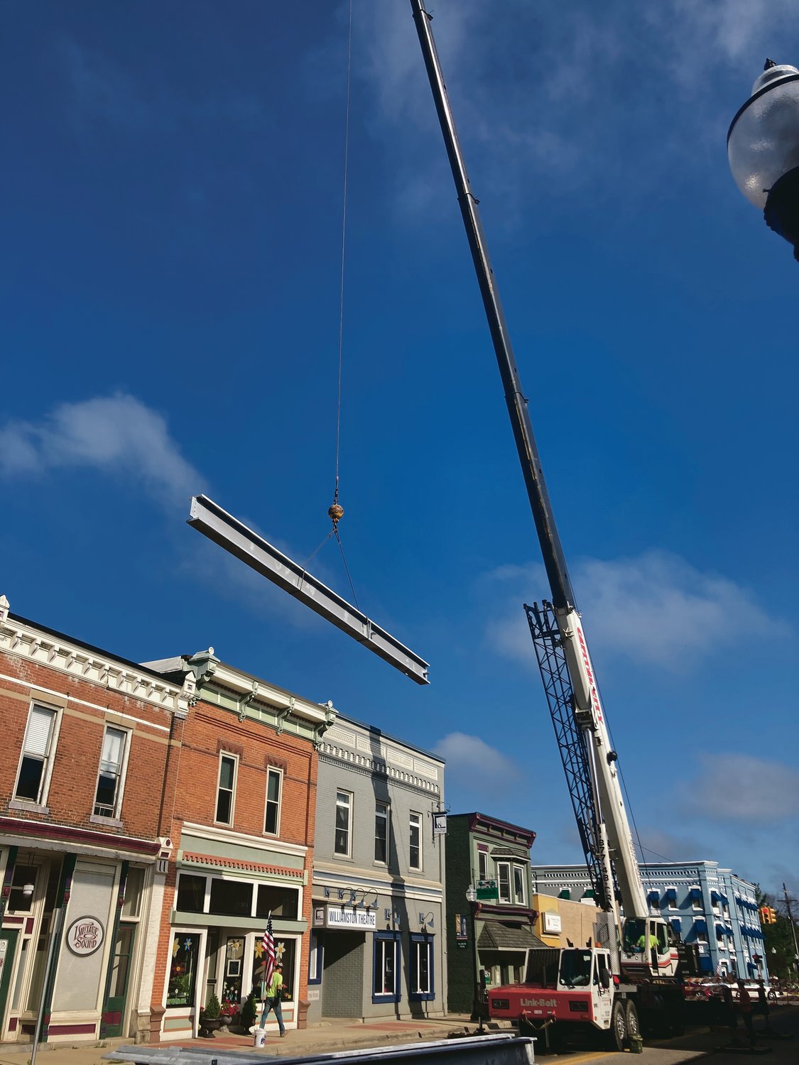 Steel columns supporting the Williamston Theatre’s new, pole-free superstructure were swung into place in August of this year.