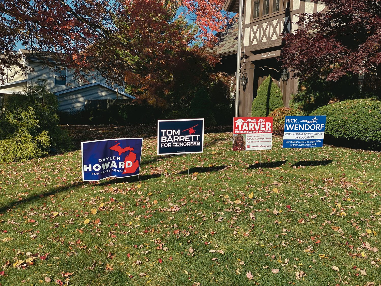 The front yard of Lansing Board of Education candidate Rick Wendorf, who lives on the east side. Wendorf also supports GOP gubernatorial candidate Tudor Dixon.