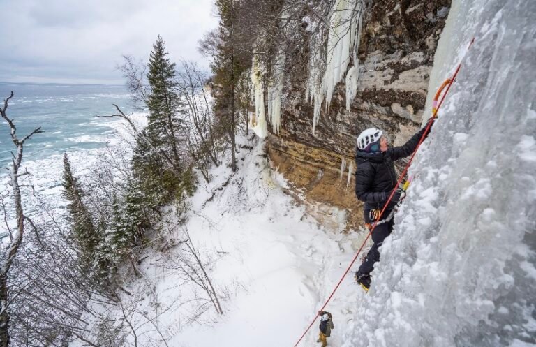 Climbers scale icy cliffs at Pictured Rocks National Lakeshore during the Ice Fest.