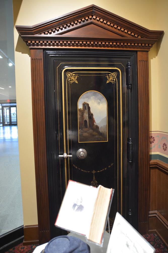 This original hand-painted safe door was discovered in storage and was restored to its original grandeur. There were numerous safes in the Capitol used to store important documents when the building opened in 1879.