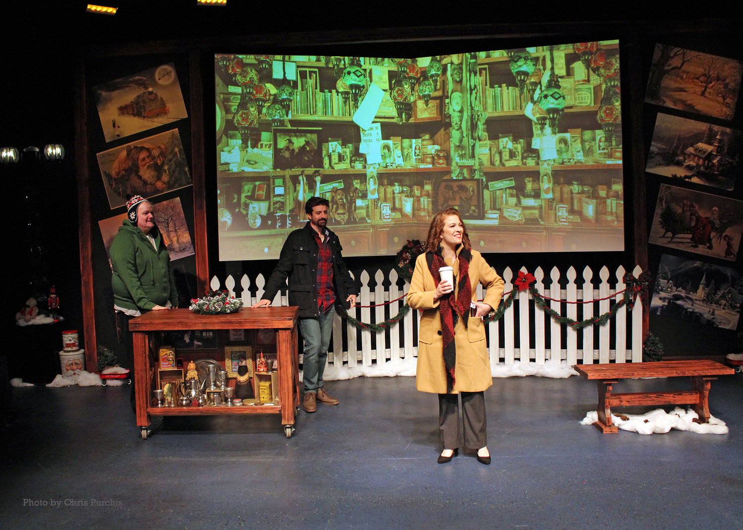 Danny (Joe Bailey), George (Ryan Patrick Welsh) and Felice (Dani Cochrane) in the world premiere of the Williamston Theatre’s production of “A Very Williamston Christmas” by Robert Hawlmark.
