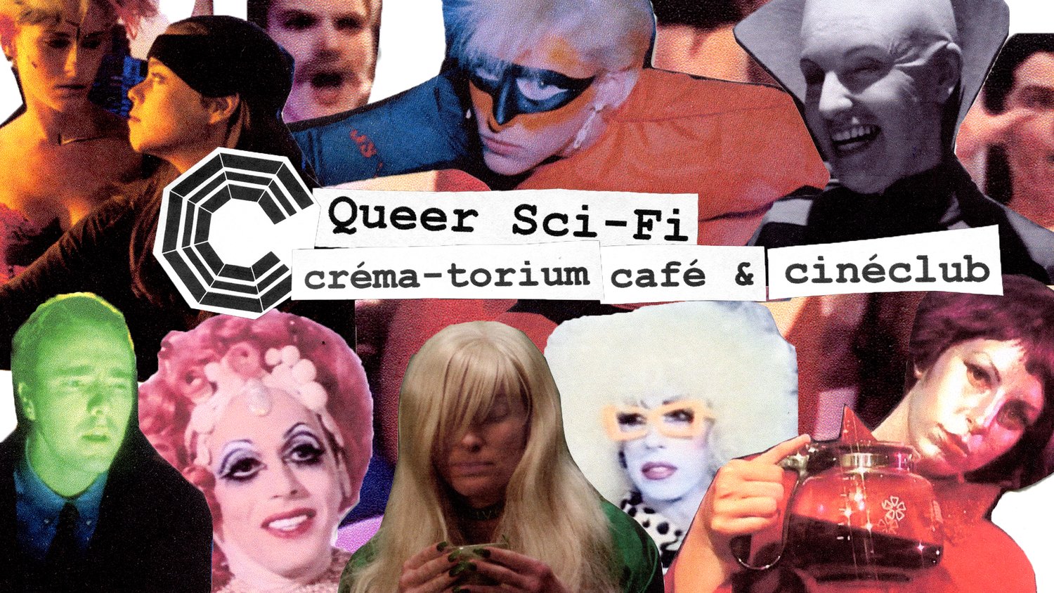 Mervyn creates a collage advertisement for each Créma-torium event, like this one, used to promote the club’s screening of the queer, science-fiction film “Nowhere.”