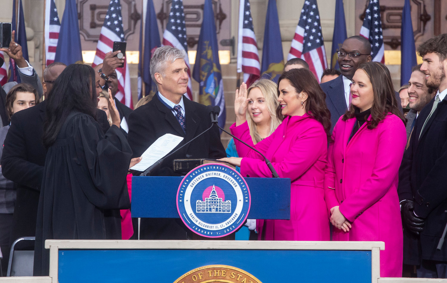 Gov. Gretchen Whitmer as she was being sworn in at her second inauguration two weeks ago at the Capitol.