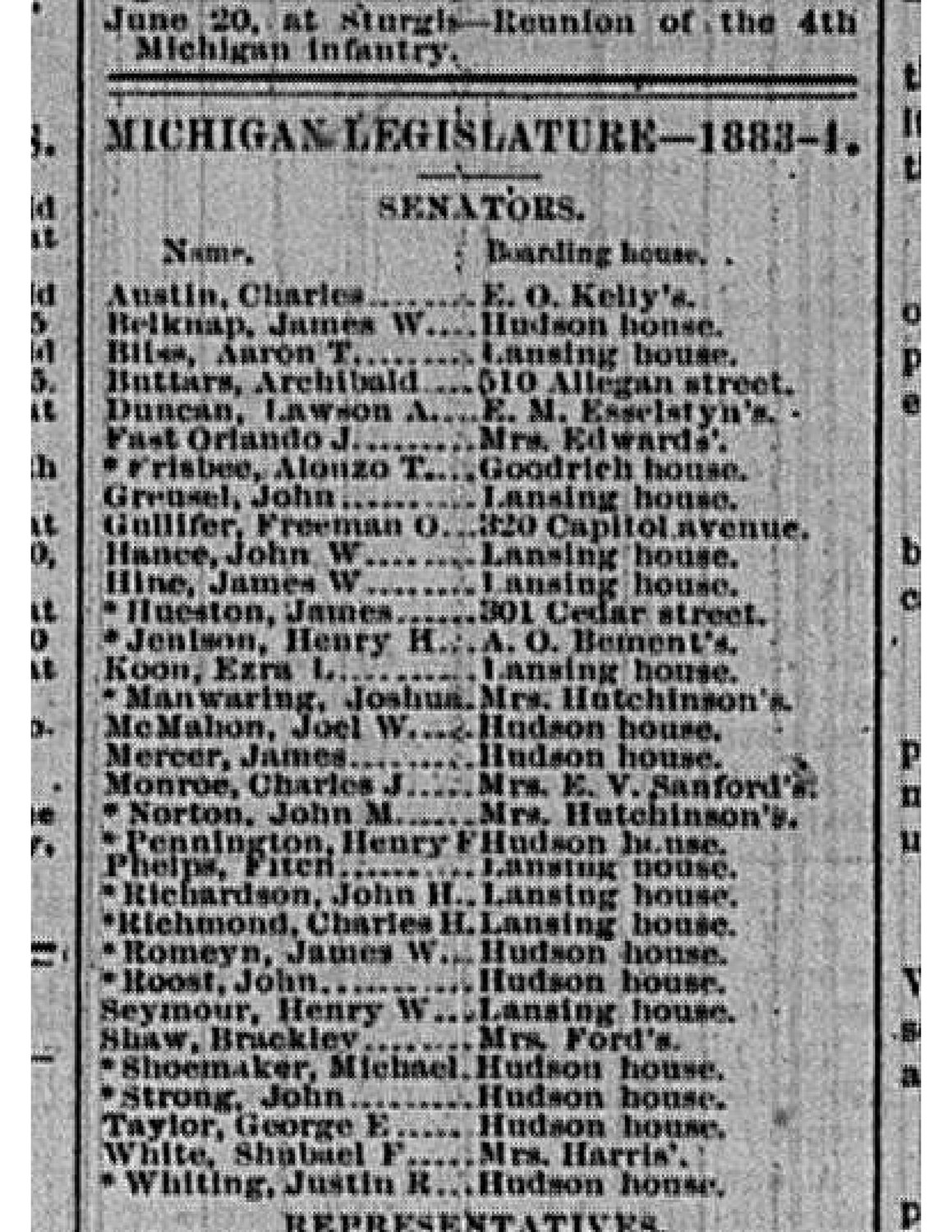 A list from The Lansing Tri-Weekly Republican newspaper from March 1, 1883, showing the boarding houses where Michigan legislators lived.