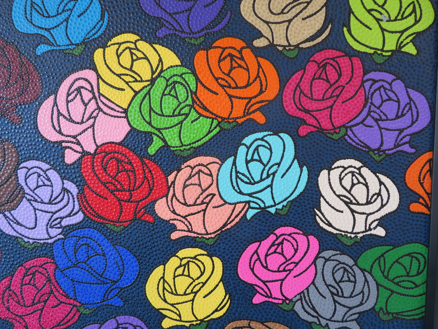 A floating matrix of impossibly hued roses is a tribute to the artist’s mother.