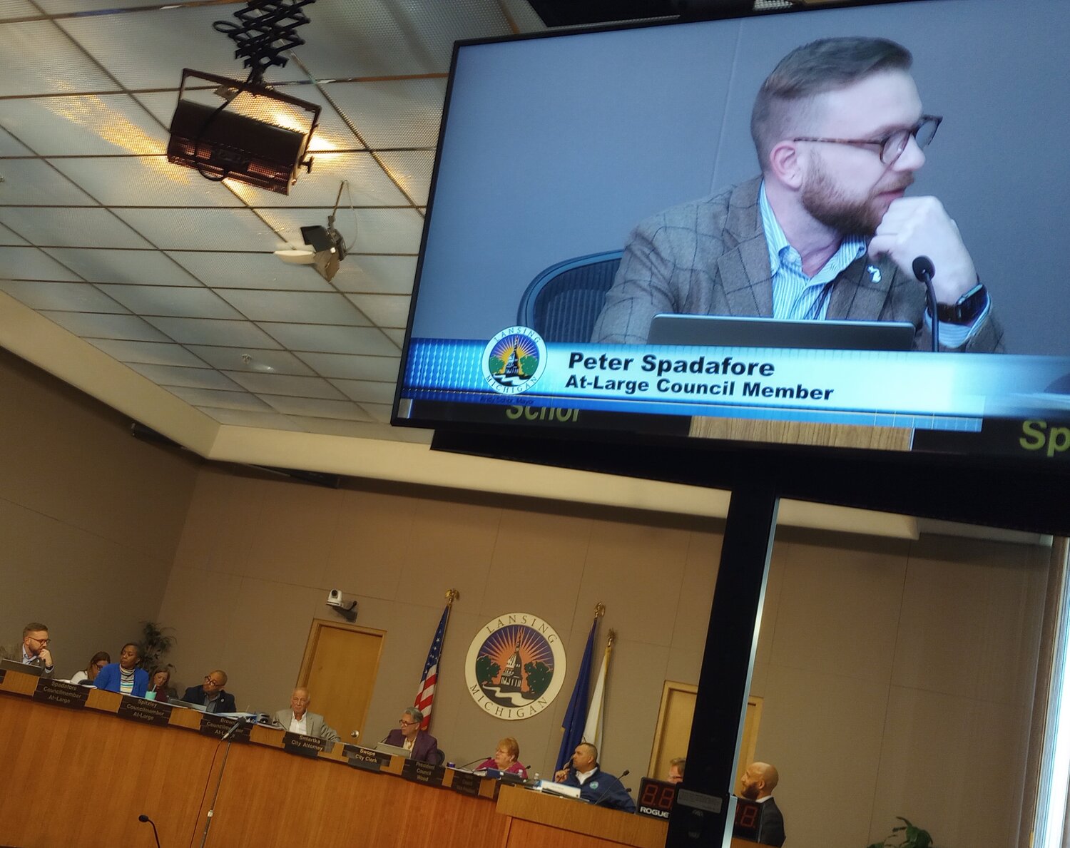 The Lansing City Council cut Mayor Andy Schor’s proposed budget Monday night. Council member Peter Spadadore (foreground) cast the lone dissenting voice.