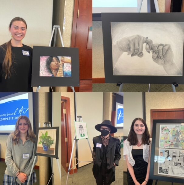 Other winners were: Clockwise from top left: Breanna Zaborowski (2nd place, “The Lute”), Caitlyn McKenzie (artist not pictured, 3rd place “Friendship”), Janelle Ostrowski (4th place, “Growth”), Seraphim Rose Prince (5th place, “Time Out), Lilliana Collins (Spirit of the 7th District, “Spartan Strong”).