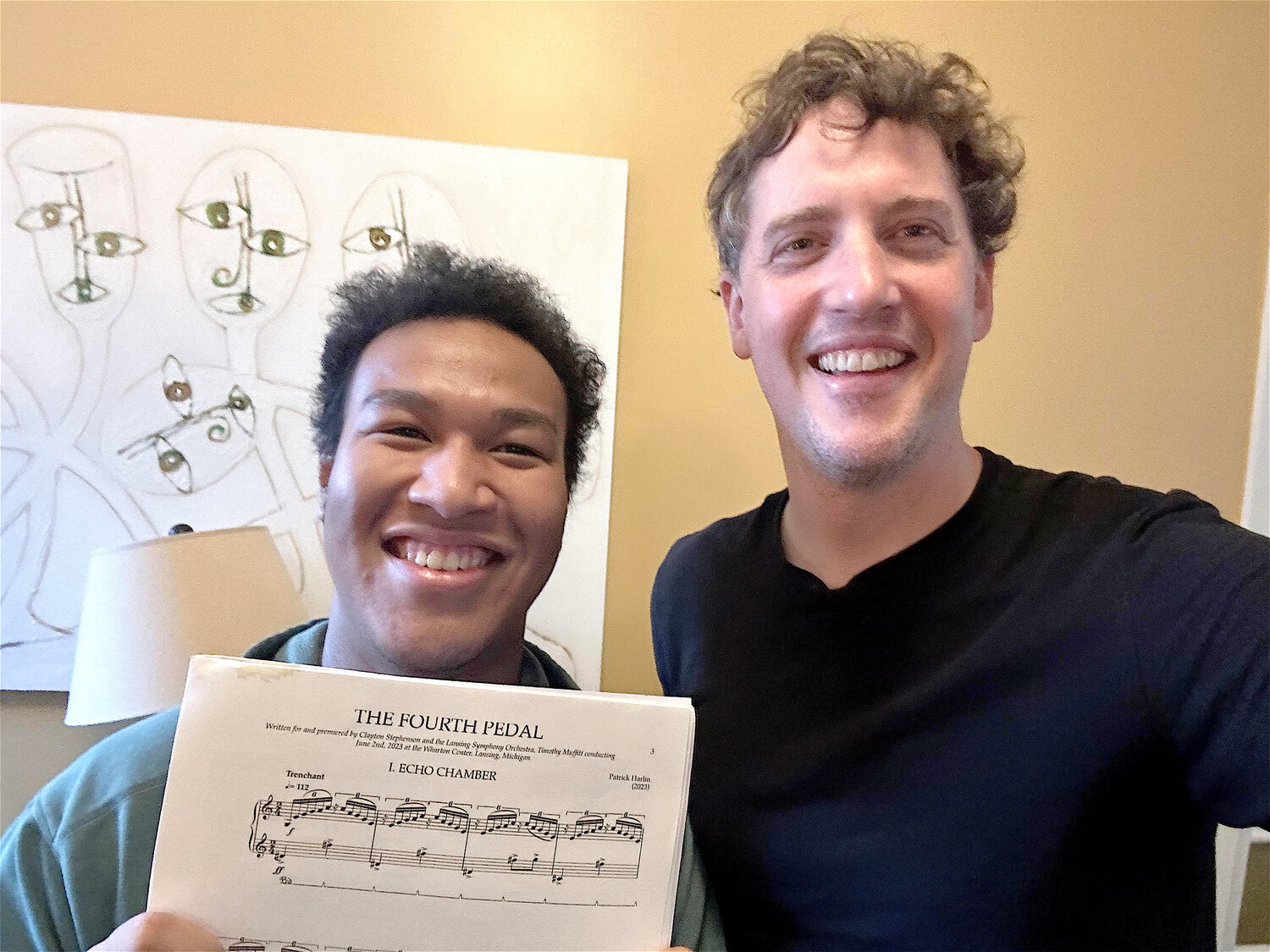 Pianist Clayton Stephenson (left) and LSO composer-in-residence Patrick Harlin met in Stephenson’s Boston apartment recently to work out the details of Friday’s Lansing Symphony world premiere concerto, “The Fourth Pedal.”