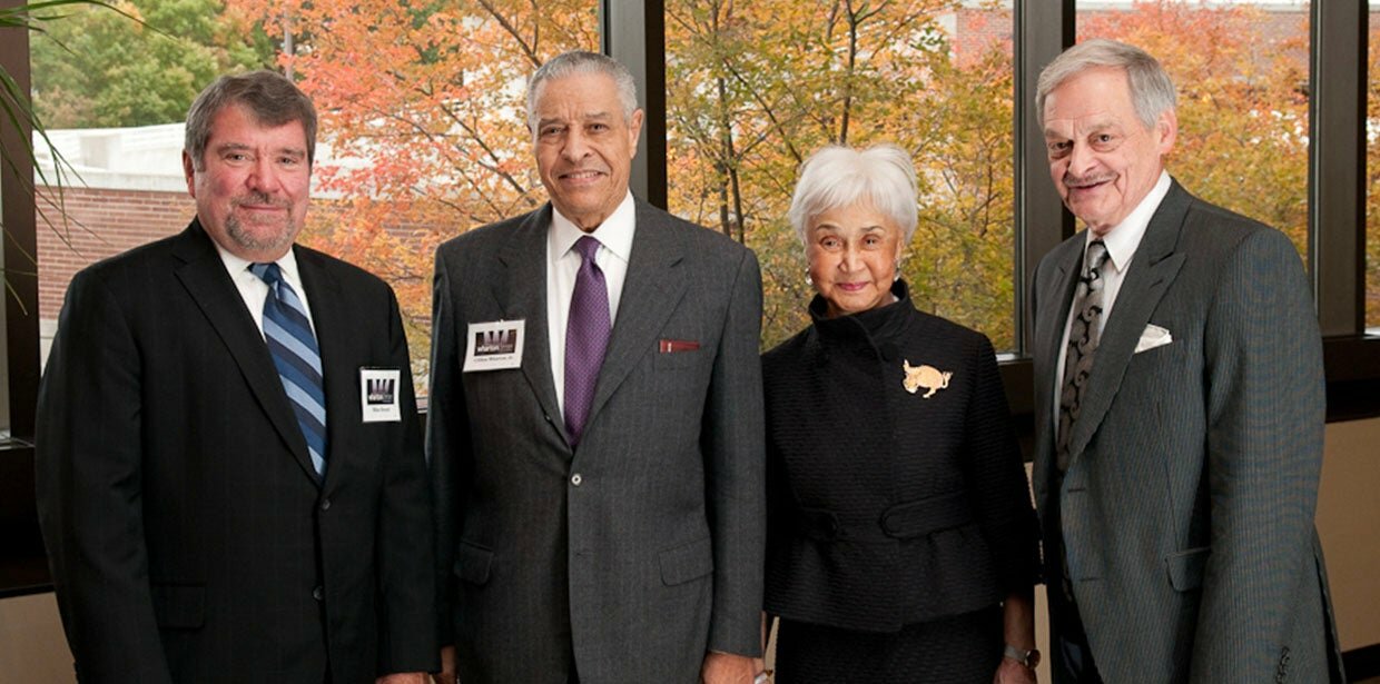 Beachler (far right) with (far left) former Wharton Center executive director Mike Brand and Clifton and Dolores Wharton, for whom the performing arts center is named.