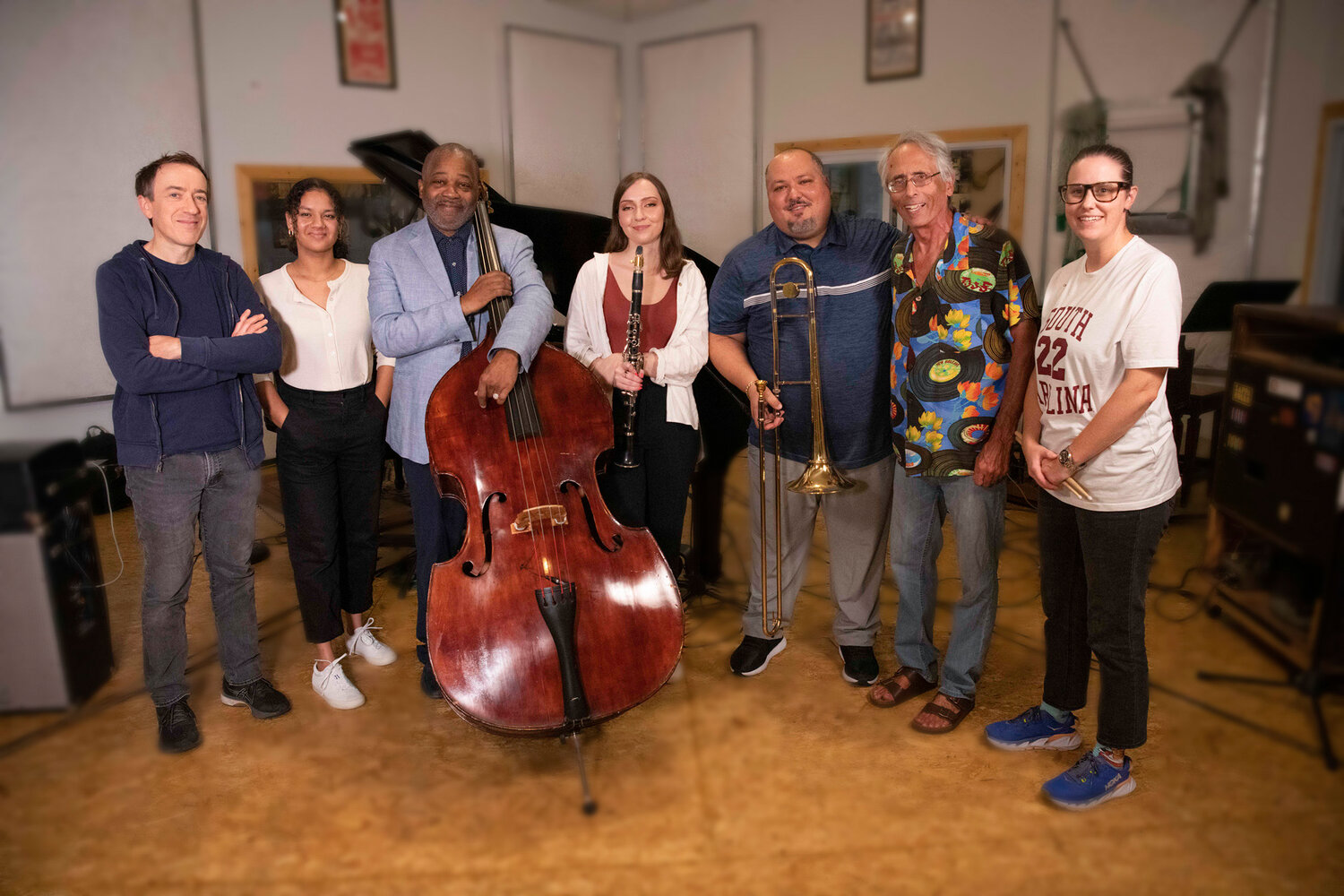 “The Other Shoe” band, left to right: Pianist Geoffrey Keezer, bassists Liany Mateo and Rodney Whitaker, clarinetist Virgina MacDonald, Dease, composer Gregg Hill and drummer Colleen Clark.